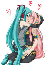 2d 2girls artist_request bare_shoulders black_skirt black_thighhighs blue_hair blue_nails closed_eyes clothed color detached_sleeves eyebrows_visible_through_hair female female_only grey_shirt hatsune_miku headset heart light-skinned_female light_skin long_hair megurine_luka multiple_girls nails open_mouth pink_hair pleated_skirt shirt simple_background sitting skirt sleeveless sleeveless_shirt sleeves thighhighs twintails vocaloid white_background yuri