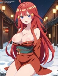 ai_generated anime blue_eyes breasts_out go-toubun_no_hanayome lactation large_breasts nakano_itsuki quintuplets ranwai red_hair stable_diffusion