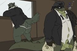 2boys after_sex alligator ass bank_robber bara chubby cowboy crocodile cum cum_on_ass furry gay male male_only money muscles no_humans reptile scalie smoking tied_up western yaoi