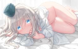 after_sex after_vaginal barefoot blush bottomless cum cum_in_pussy cumdrip dress_shirt female garrison_cap hat hayashi_naoharu highres indoors kantai_collection long_hair long_sleeves looking_at_viewer lying naked_shirt on_bed on_side open_clothes open_shirt shirt solo thighs u-511_(kancolle) white_shirt