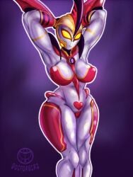 alien alien_humanoid anthro ass ben_10 big_breasts big_butt breasts cartoon_network chaquetrix clothed clothing doctorecrz female hi_res horn humanoid macro mammal muscular_female nipple_bulge not_furry pose red_body red_skin thick_thighs titanomaquia_(doctorecrz) to'kustar way_big white_body white_skin wide_hips yellow_eyes