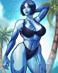 2d 2d_(artwork) beach big_breasts bikini bikini_bottom bikini_top black_bikini blue_body blue_hair blue_skin bob_cut breasts cortana curvaceous curvy curvy_figure digital_drawing_(artwork) digital_media_(artwork) halo_(series) hand_behind_head high_resolution highres looking_at_viewer solo solo_female texd41 thick thick_thighs video_games