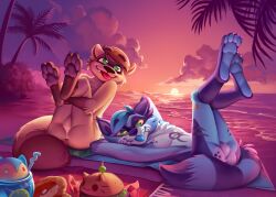 anthro anus atmosphere beach domestic_ferret duo food hi_res kaylebludd lings_star male male/male mammal mustelid musteline night paws procyonid raccoon relaxing summer thatmotherhoot1 true_musteline weasel