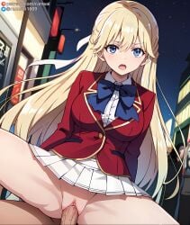 ai_generated anime blonde_hair blue_eyes classroom_of_the_elite cowgirl_position male nanase_tsubasa penis ranwai sex stable_diffusion uniform vaginal_penetration vaginal_sex youkoso_jitsuryoku_shijou_shugi_no_kyoushitsu_e