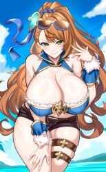 1girls beatrix_(granblue_fantasy) blush breasts brown_hair cleavage female female_only granblue_fantasy green_eyes large_breasts long_hair looking_at_viewer nez-box ponytail smile solo sunglasses swimsuit thick_thighs tied_hair