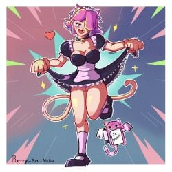 1girls berry_bun brawl_stars choker colette_(brawl_stars) lifting_skirt looking_at_viewer maid pink_hair pinku_pawlette presenting presenting_pussy pussy solo solo_female supercell tagme tail