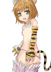 animal_ears bad_anatomy brown_hair cat_ears cat_tail female jinko_(mamono_girl_lover) lolououo monster_girl monster_girl_encyclopedia nipples open_mouth panties paws short_hair smile striped_tail tiger_ears tiger_girl topless yellow_eyes