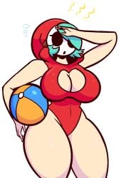 beach_ball boob_window female_only m-alpha mask masked masked_female shy_gal sweatdrop swimwear thick_thighs