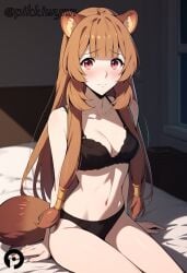 1girls ai_generated animal_ears bangs bare_shoulders bed bed_sheet black_bra black_panties blunt_bangs blush bra breasts brown_hair cleavage closed_mouth collarbone female long_hair looking_at_viewer medium_breasts navel on_bed panties pikkiwynn raccoon_ears raccoon_girl raccoon_tail raphtalia red_eyes sidelocks sitting solo tail tate_no_yuusha_no_nariagari the_rising_of_the_shield_hero underwear underwear_only