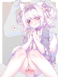 1boy 1girls black_eyes blush bottomless female_on_top flat_chest heterochromia kupa_(jesterwii) no.21 penis punishing:_gray_raven pussy robot_girl sex sitting_on_penis tail twintails vaginal_penetration white_hair wolf_ears