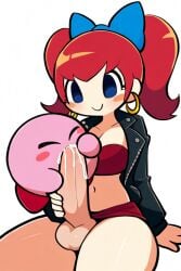 ai_generated blowjob blue_eyes blue_hair_ribbon chopped_bangs cum futa_on_male futanari goth_girl goth_mommy hairbow heart_symbol intersex izzyredlove_(oc) kirby kirby_(series) large_breasts leather_jacket tagme