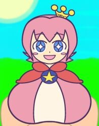 2boys blue_eyes blush_stickers busty_boy crown drei_(artist) huge_breasts looking_at_viewer male_with_breasts ocean_prince open_mouth otoko_no_ko outdoors paizuri pink_hair pink_jacket pov puyo_puyo puyo_puyo_fever red_capelet short_hair sky smile solo_focus star_(symbol) tittyboy white_shirt