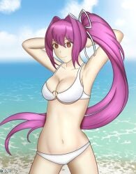 1girls armpits arms_behind_head artist_name beach big_breasts bikini breasts busty cleavage delvy_17 female female_only hair_ribbon highres large_breasts long_hair looking_at_viewer navel o-ring o-ring_bikini ocean ponytail purple_hair red_eyes ribbon smile swimsuit under_night_in-birth very_long_hair water white_bikini yuzuriha_(under_night_in-birth)