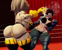 2girls 3d 3d_(artwork) ass big_ass big_breasts bikini boxing boxing_gloves boxing_match boxing_ring breasts catfight defeat defeated fat_ass female_focus female_only fight fighting huge_ass huge_breasts josugomezofficialnew large_ass large_breasts murder murder_drones purple_hair robot robot_girl ryona short_hair uzi_(murder_drones) v_(murder_drones) vs white_hair wide_hips
