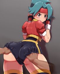 against_wall angry ass ass_grab black_legwear black_shorts black_thighhighs blue_hair brown_eyes female gloves headband human human_only hun jacket legwear pokemon pokemon_ranger rape red_gloves red_jacket shorts solana_(pokemon) sweat tears thighhighs