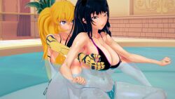 2girls bikini bikini_bottom bikini_top black_hair black_hair_female blake_belladonna blonde_female blonde_hair canon_couple cleavage grabbing_breasts grabbing_breasts_from_behind grabbing_from_behind multiple_girls ponytail purple_eyes robotic_arm rwby stormstriker water yang_xiao_long yellow_eyes