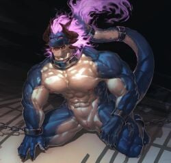 abs adios55582544 animal_genitalia anthro bent_legs biceps big_muscles blue_body bondage chained_cuffs collar cuff_(restraint) dragon genital_slit genitals hand_on_ground hi_res high-angle_view kneeling looking_aside male multicolored_body muscular muscular_male mythological_creature mythological_scalie mythology open_mouth pecs prison quads red_eyes restraints scalie shackles solo tail tail_cuff three-quarter_view two_tone_body white_body