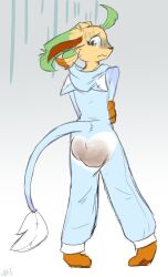 anthro eeveelution embarrassed feces generation_4_pokemon hi_res juneberrysprout leafeon male nintendo pokemon pokemon_(species) pooping_on_self scat soiling soiling_clothing soiling_onesie solo tail