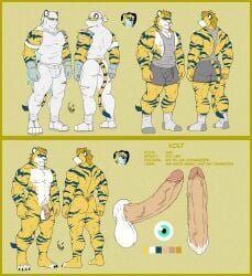 anthro balls clothing costume domestic_cat felid feline felis genitals hi_res hunterramirez male male/male mammal model_sheet muscular nude pantherine penis smile solo stripes tiger underwear volt