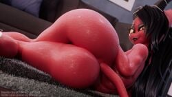 3d_(artwork) ass big_butt black_hair bodily_fluids demon demon_humanoid detailed_background digital_media_(artwork) female hair helluva_boss hi_res horn humanoid imp nude open_mouth open_smile red_body sallie_may_(helluva_boss) sallie_may_(valorlynz) smile soliloquy solo sweat tail thick_thighs