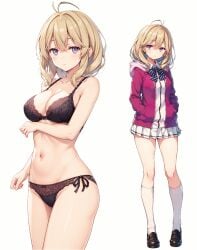 1girls ai_generated belly_button blonde_hair brown_underwear busty_female classroom_of_the_elite female hands_in_pockets hoodie purple_eyes red_jacket schoolgirl tsubaki_sakurako white_background white_leggings white_skirt wsax