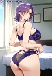 1girls ai_generated azuma_marina bedroom dclp from_behind golden_eyes huge_ass indoors large_breasts lingerie medium_hair milf purple_hair standing wife