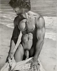 beach black_and_white brad_welch_art flaccid flaccid_penis graphite_(artwork) greg_g human human_only male male_only model muscles muscular muscular_male outdoors outside pencil_(artwork) pulling_down_pants real_person shirtless_male tanned tanned_man tanned_skin uncut water