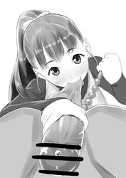 anal anal_beads ball_sucking blush censored female fukuyama_mai hair_ribbon handjob idolmaster idolmaster_cinderella_girls licking long_hair looking_at_viewer monochrome mouth_hold penis perspective ponytail ribbon sketch smile solo_focus straight testicle_licking testicles tied_hair tkhs