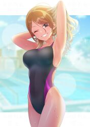 blonde_hair izumi_mei looking_at_viewer one-piece_swimsuit sparkles swimsuit wet