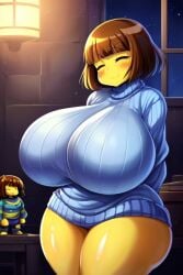 1girls ai_generated big_ass big_breasts big_butt blue_sweater breasts_bigger_than_head closed_eyes frisk huge_breasts massive_breasts perchance_ai undertale