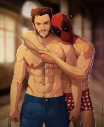 actor bulge caucasian caucasian_male celebrity claws deadpool deadpool_&_wolverine_(2024) gay hairy_chest hugh_jackman in_character james_howlett looking_at_viewer male male_only marvel masked muscles muscular muscular_male nerdyart ryan_reynolds shirtless_male underwear wade_wilson wolverine_(x-men) x-men