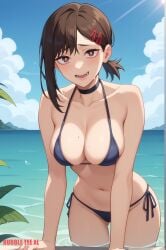 1female 1girls ai_assisted ai_generated big_breasts bikini bikini_bottom bikini_top breasts bubbleteexl chainsaw_man commentary_request english_commentary female female_only hairclip hi_res higashiyama_kobeni highres light_skin looking_at_viewer mountainous_horizon outdoors outside solo solo_female very_high_resolution water