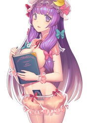 bloomers bloomers_(victorian) book bow breasts cleavage covering crescent_moon female frills hairbow hat highres large_breasts long_hair moon mound_of_venus nail_polish open_mouth parted_lips patchouli_knowledge purple_eyes purple_hair pussy saidyiiii see-through solo touhou underwear wrist_cuffs