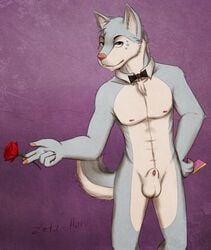 1boy anthro canine flower fur furry grin husky male male_only nude portrait red_nose rose sheath solo waiter zeta-haru