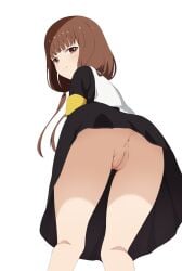 1girls accurate_art_style angry anus ass black_dress blunt_bangs blush breasts brown_eyes brown_hair cleft_of_venus closed_mouth coro_fae dress feet_out_of_frame female from_behind from_below highres iino_miko kaguya-sama_wa_kokurasetai_~tensai-tachi_no_renai_zunousen~ kneepits legs long_hair looking_at_viewer low_twintails no_panties official_style pussy school_uniform shuuchiin_academy_school_uniform simple_background skirt solo twintails uniform white_background wind wind_lift