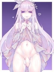 1boy bottomless dress dress_lift femboy huosha male pale_skin penis punishing:_gray_raven purple_eyes purple_hair robot solo trap