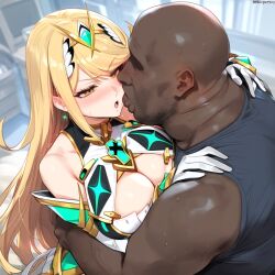 ai_generated blonde_female blonde_hair blonde_hair_female cheating dark-skinned_male dark_skin dress interracial kissing long_hair mrteardrop mythra netorare ntr romantic romantic_ambiance white_body xenoblade_(series) xenoblade_chronicles_2 yellow_eyes