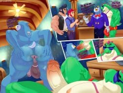 anthro anthro_on_anthro big_bulge brawl_stars bulge bulge_grab bull_(brawl_stars) buzz_(brawl_stars) colt_(brawl_stars) dialogue english_dialogue english_text erection erection_under_clothes huge_bulge humanoid lionhearf03 sunglasses underwear underwear_only