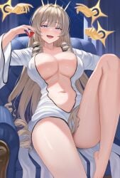 absurdres blonde_hair blue_eyes breasts center_opening collarbone crown_(naked_king)_(nikke) crown_(nikke) disembodied_hand drill_hair female goddess_of_victory:_nikke highres kitin large_breasts long_hair looking_at_viewer navel official_alternate_costume open_mouth sitting smile smug smug_face solo thighs