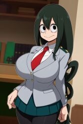 ai_generated black_leggings green_hair huge_breasts my_hero_academia school_setting school_uniform tsuyu_asui