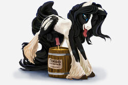 2013 alcohol balls barrel beer beverage cutie_mark equine erection feral gypsy_vanner hair horse looking_at_viewer lostdragon01 male my_little_pony nude one_eye_closed peeing penis plain_background pony russian_text smile solo text tongue urine watersports