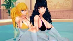 2girls bikini bikini_bottom bikini_top black_hair black_hair_female blake_belladonna blonde_female blonde_hair canon_couple multiple_girls ponytail purple_eyes robotic_arm rwby stormstriker water yang_xiao_long yellow_eyes