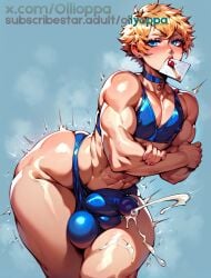 1boy 1femboy ai ai_generated balls big_ass big_balls big_butt big_thighs blonde_hair blue_eyes choker clothed clothing femboy horny hung_trap hyper_balls krekk0v_(ai_style) muscular muscular_arms muscular_male orb orb_mage(oc) penis precum solo solo_femboy solo_male thick_ass thick_thighs tight_clothing trap yaoi