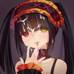 bare_shoulders black_hair blank_eyes choker clock_eyed cum cum_in_mouth cum_on_tongue date_a_live facial female hairband heterochromia lolita_fashion lolita_hairband looking_at_viewer mvv red_eyes solo tears tied_hair tokisaki_kurumi twintails yellow_eyes