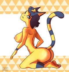 1girls alternate_breast_size animal_crossing ankha anthro ass big_ass big_breasts black_eyes blue_fur blue_hair breasts cinnamomo egyptian eye_contact feet feline female female_only furry kneeling large_breasts looking_at_viewer looking_back nintendo pose short_hair solo stripes tail text thick_thighs thin_waist watermark white_background wide_hips yellow_background yellow_fur