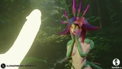 3d artist_logo artist_name blue_hair cock cock_shock cock_worship curious erection female forest glowing_genitalia glowing_penis hair_flower hair_ornament horny_female imminent_fellatio imminent_oral jungle large_penis league_of_legends naked naked_female necklace neeko nymph-o open_mouth outdoors penis penis_awe riot_games straight uncensored yellow_eyes