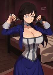 1girls barleyshake big_breasts bioshock bioshock_infinite black_hair blue_eyes clothed clothing collar color cutting_hair elizabeth_comstock female female_focus female_only hi_res large_breasts light-skinned_female light_skin looking_at_viewer short_hair solo solo_female tagme thick_thighs