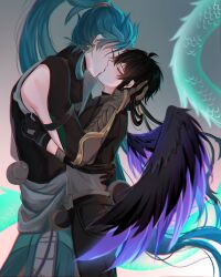 black_hair dragon fennec_(artist) gay gay_domination gay_male green_hair jiyan_(wuthering_waves) kiss_on_lips kissing male male/male male_focus male_only male_rover_(wuthering_waves) rover_(wuthering_waves) wuthering_waves yaoi