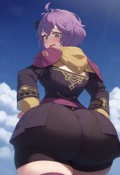 1girls ai_generated ass ass_focus bernadetta_von_varley big_ass blush fire_emblem fire_emblem:_three_houses grey_eyes huge_ass looking_back narrow_waist nintendo novelai open_mouth purple_hair short_hair solo solo_female thick_thighs wide_hips