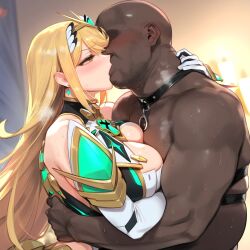 ai_generated blonde_female blonde_hair cheating dark-skinned_male dark_skin dress fat_man interracial kissing long_hair mrteardrop mythra netorare ntr tongue_kiss xenoblade_(series) xenoblade_chronicles_2 yellow_body